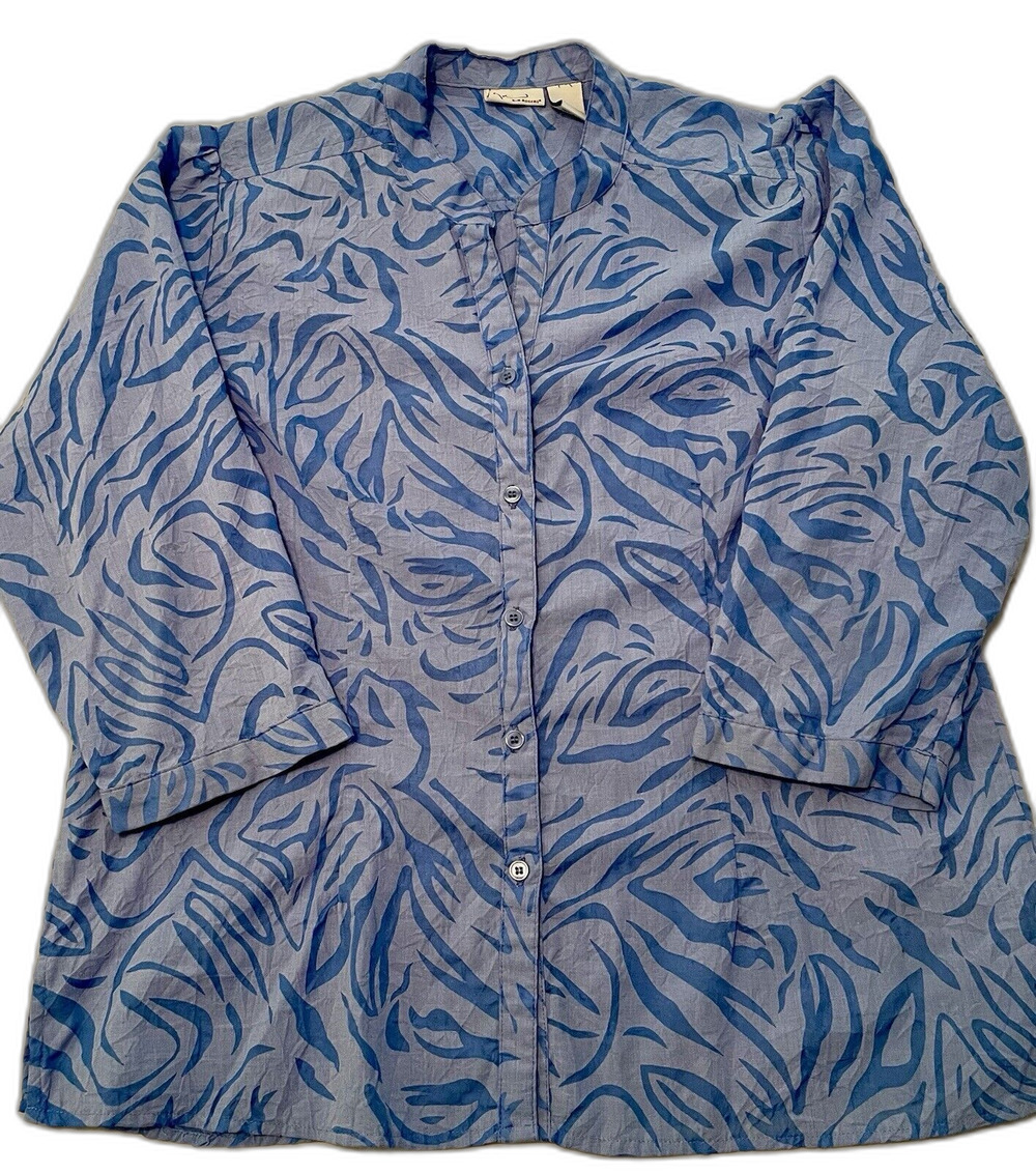 Kim Rogers Shirt Women Size XL Blue Print Blouse Top 3/4 Sleeves